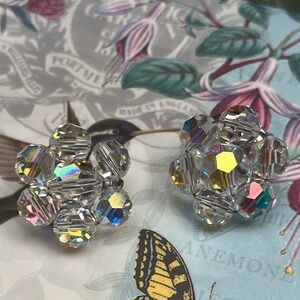 Sparkling Aurora Borealis Crystal Cluster Clip Earrings - 3/4”